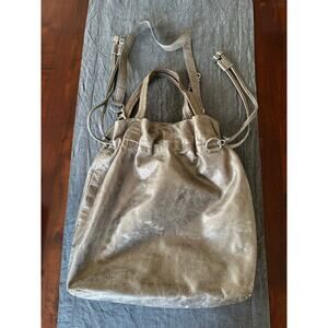 MICHAEL KORS Metallic LEATHER bag Drawstring HOBO bucket taupe chain shoulder